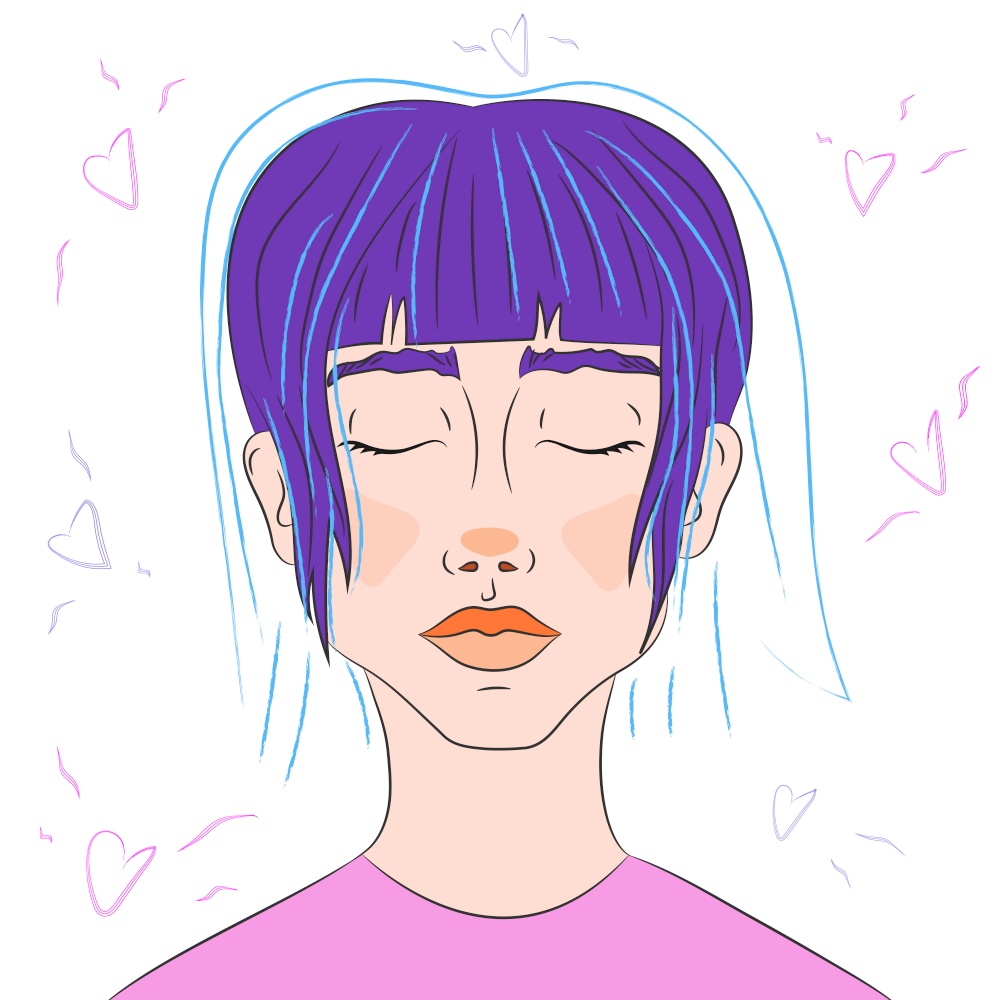 Hand drawn girl with purple hair and with closed eyes. Vector art