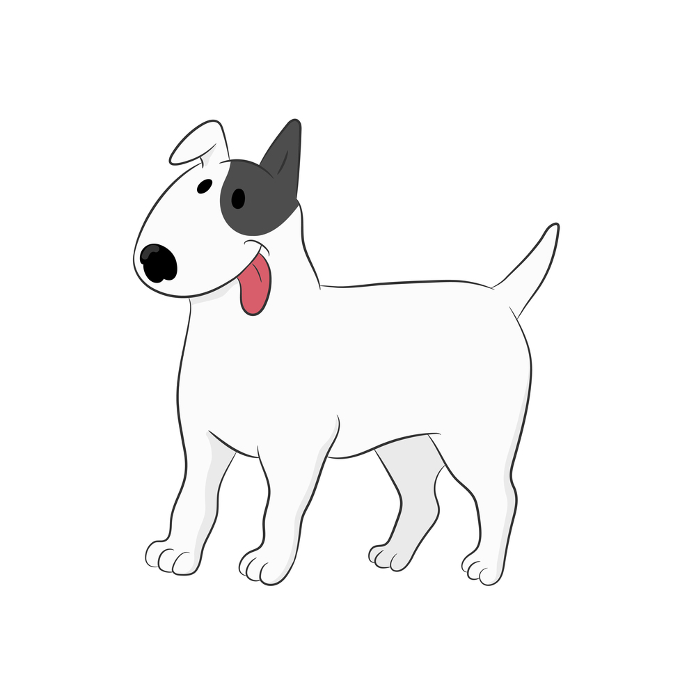 Cute bull terrier dog named Sparky is standing isolated on white background. Hand drawn vector art