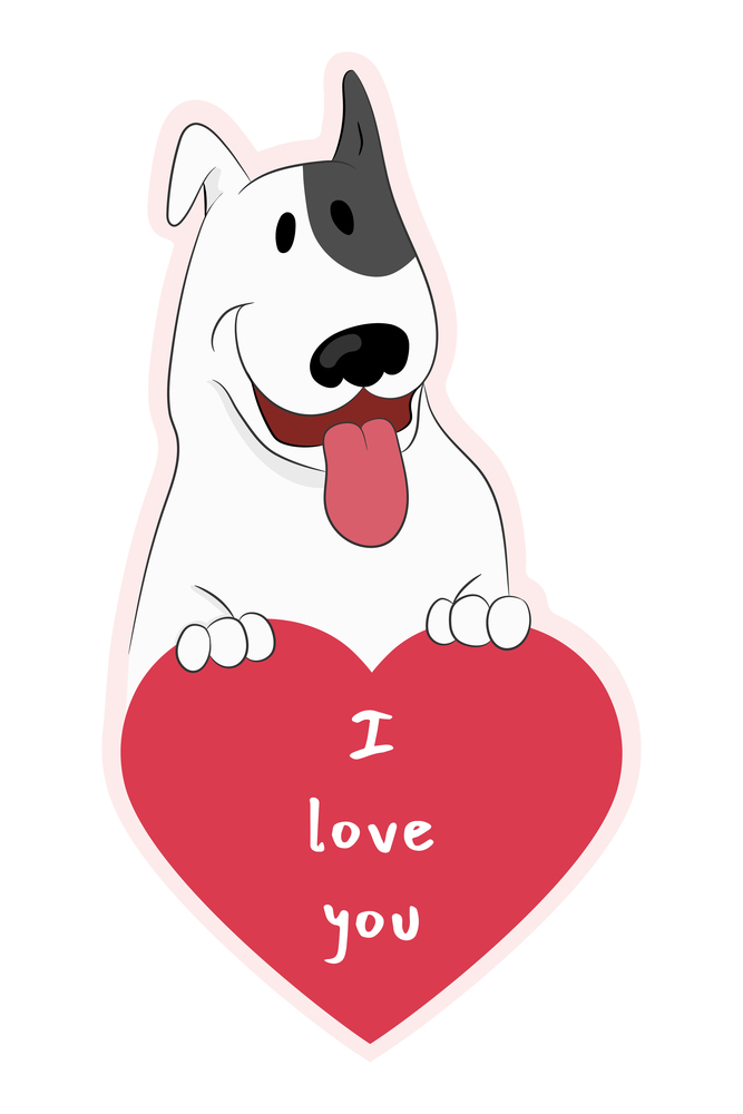 Happy cartoon bull terrier dog is holding a heart with text I love you. Cute dog in love sticker. Isolated on white. Hand drawn vector art
