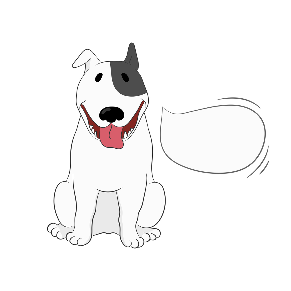 Cute bull terrier dog named Sparky is sitting with a speech bubble template isolated on white background. Hand drawn vector art