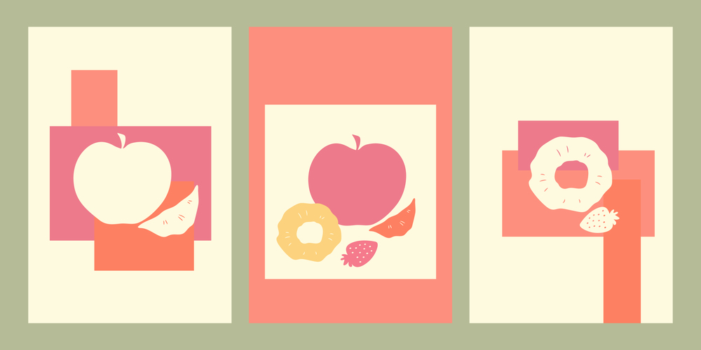 Set of creative posters with fruits. Still life poster collection with apple, strawberry and orange and pineapple slices. Geometric shapes. For interior decoration, print and design
