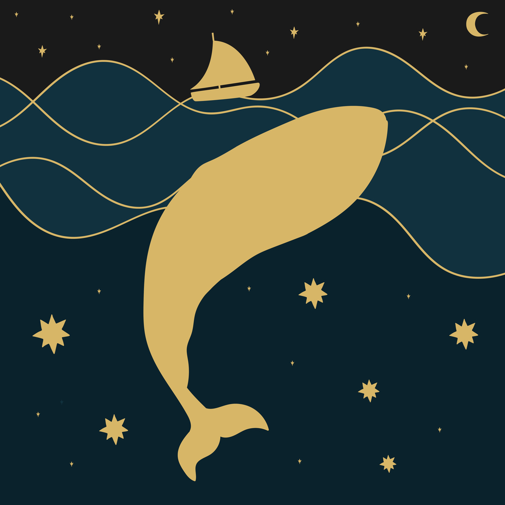 A whale and a boat in the night ocean. Minimalist background with midnight sky and ocean view and silhouettes of a ship and a whale. Vector art