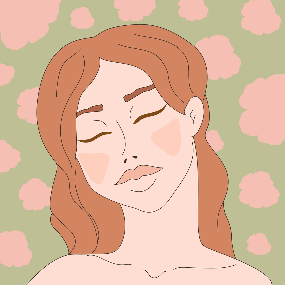 Young woman with closed eyes on a floral background. Hand drawn vector illustration
