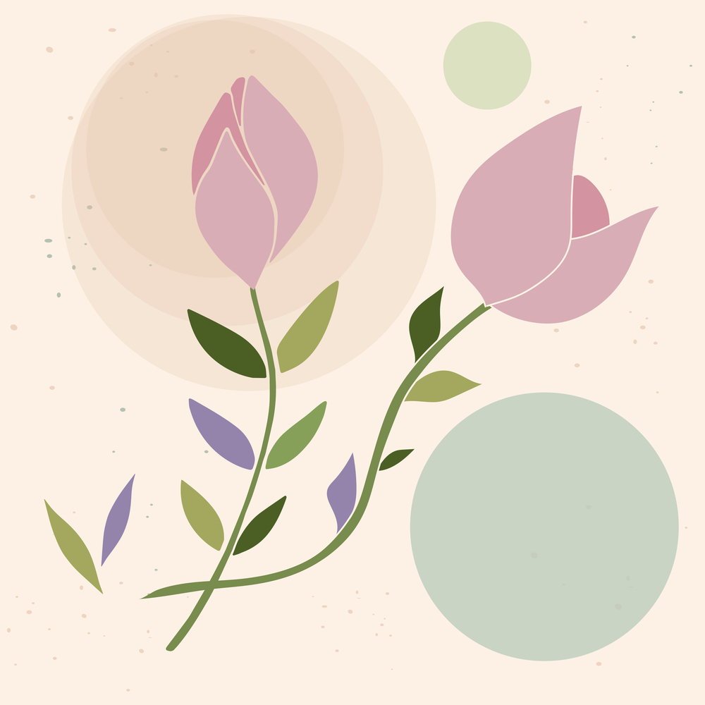 Abstract botanical background with hand drawn flowers and round shapes. Concept vector art