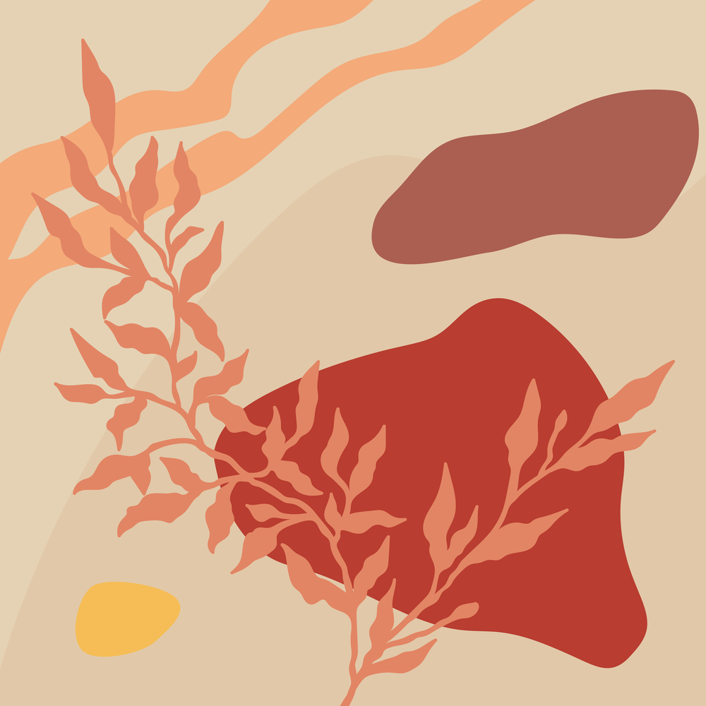 Abstract botanical background with shapes and lines in orange, red and beige colors. Concept vector art