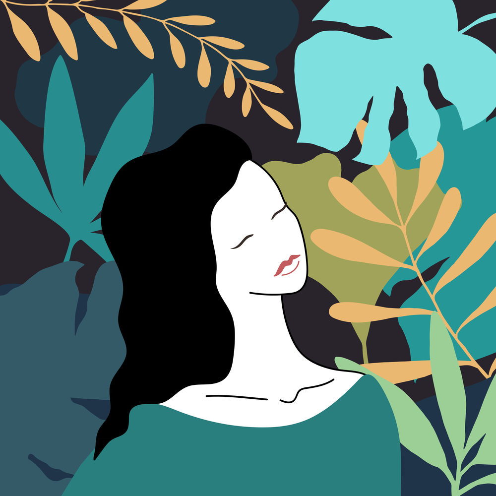 Abstract woman with closed eyes in a forest. Female beauty and nature theme. Young woman on a background of leaves of different colors. Vector art