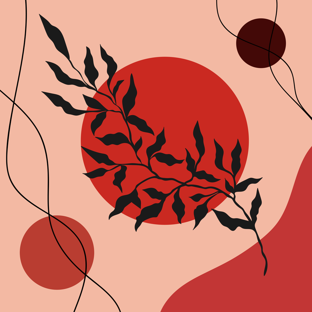 Abstract botanical background with shapes and lines in red and black colors. Concept vector art