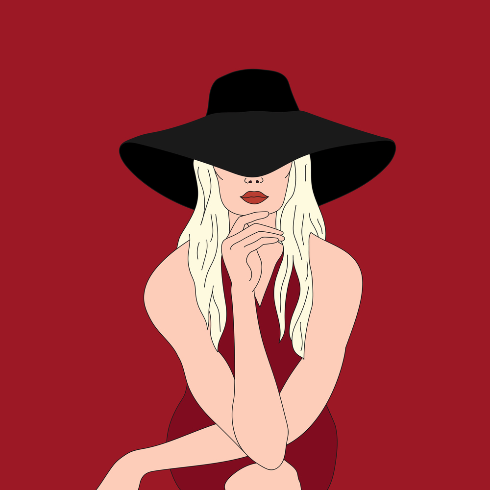 Beautiful blonde woman in a hat covering her eyes. Girl posing in a big black hat on a burgundy background. Hand drawn vector art