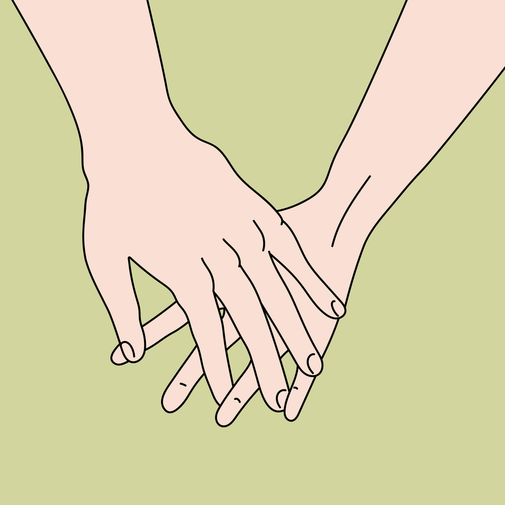 Hand drawn art of hand in hand on green background. Love and friendship. Vector illustration