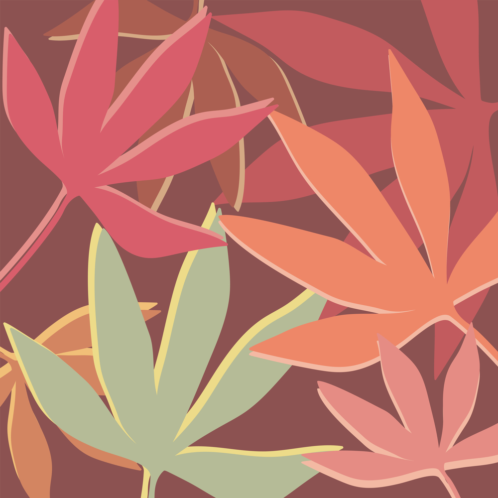 Abstract botanical illustration with tropical leaves in different colors. Hand drawn vector art