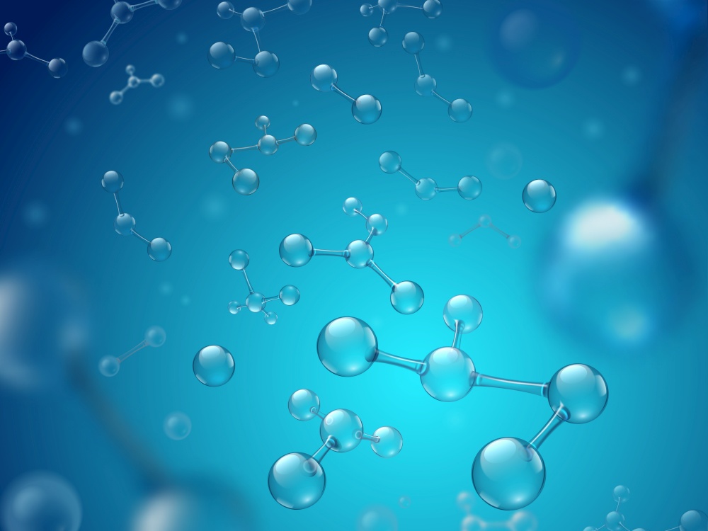 Hyaluronic acid molecules. Hydrated chemicals, molecular structure and blue spherical molecule. Microscope h2o water molecules, hyaluron acides in chemical laboratory 3d vector illustration. Hyaluronic acid molecules. Hydrated chemicals, molecular structure and blue spherical molecule 3d vector illustration