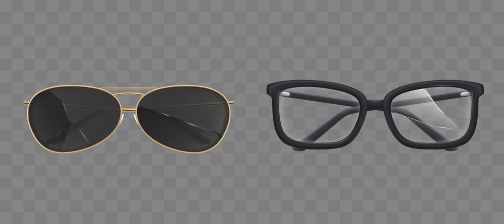 Broken eyeglasses and sunglasses set. Old fashioned spectacles with plastic rectangular frames and modern black sun goggles with damaged cracked lenses front view. Realistic 3d vector illustration. Broken eyeglasses and sunglasses, goggles set