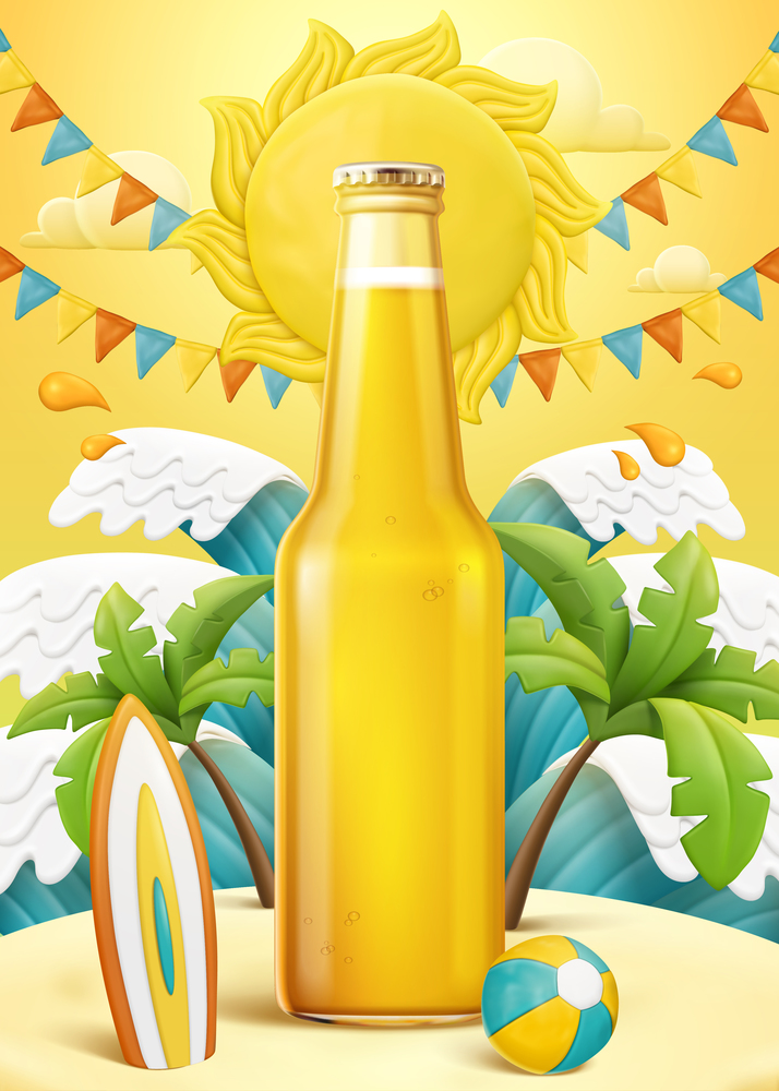 Blank glass bottle mockup on light clay and plasticine style beach background in 3d illustration. Drink ads poster