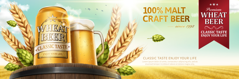 Wheat beer with natural ingredients on oak barrel in 3d illustration, wheat field background. Wheat beer ads