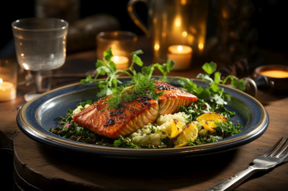 Fartar table: juicy salmon, turmeric risotto, wine bowls., generative IA
