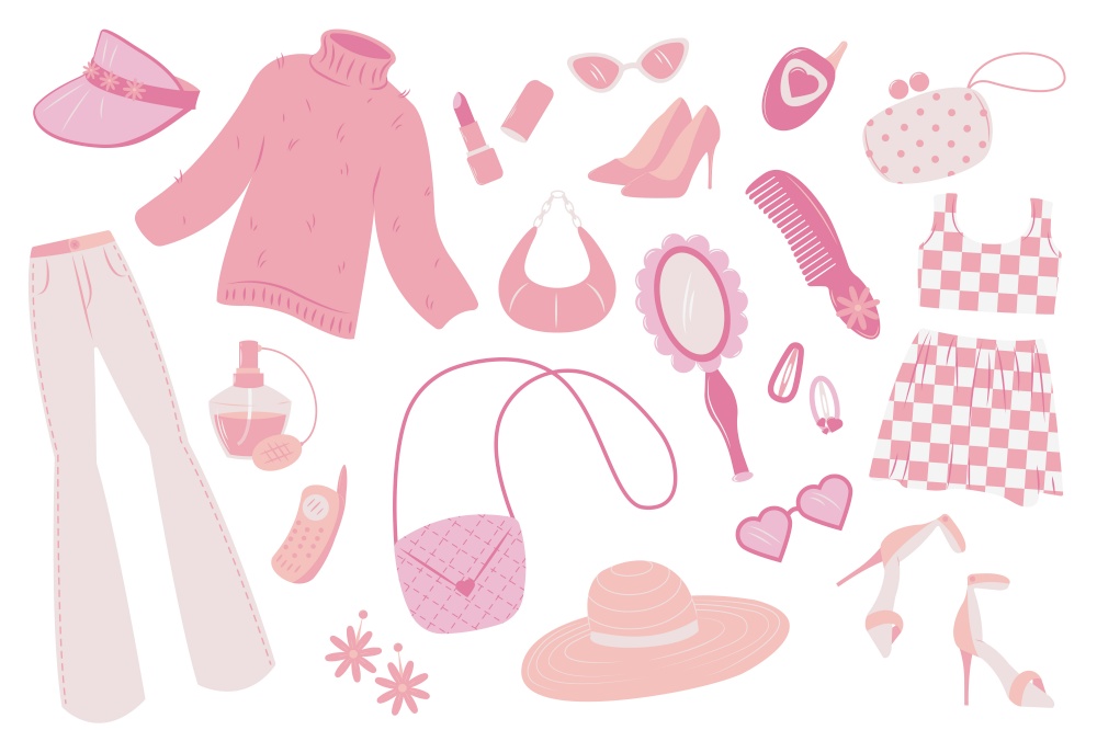 Glamorous pink barbiecore set. Different elements on white background - bags clothes mirror cellphones sunglasses perfume hairlclips hairbrush earrings shoes hat. Vector illustrations set.. Glamorous pink barbiecore set. Different elements on white background - bags, clothes, mirror, cellphones, hat, sunglasses, perfume, hairlclips, hairbrush, earrings, shoes. Vector illustrations set.