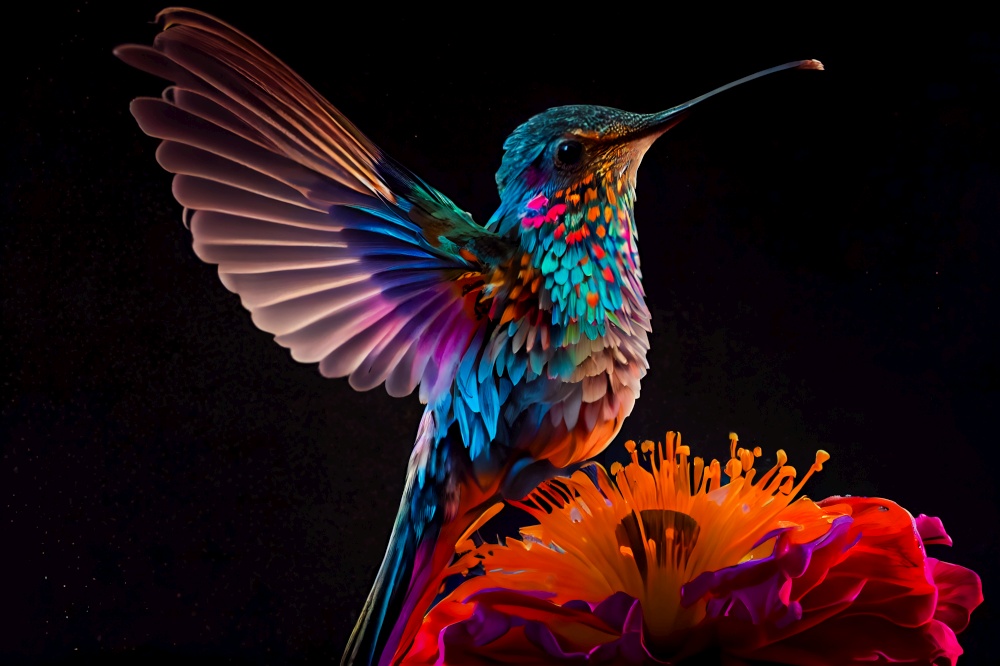 Hummingbird sitting on the flower. Generative AI