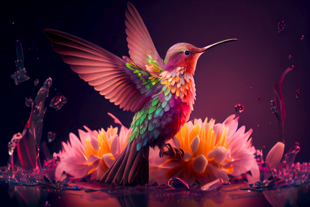 Hummingbird sitting on the flower. Generative AI