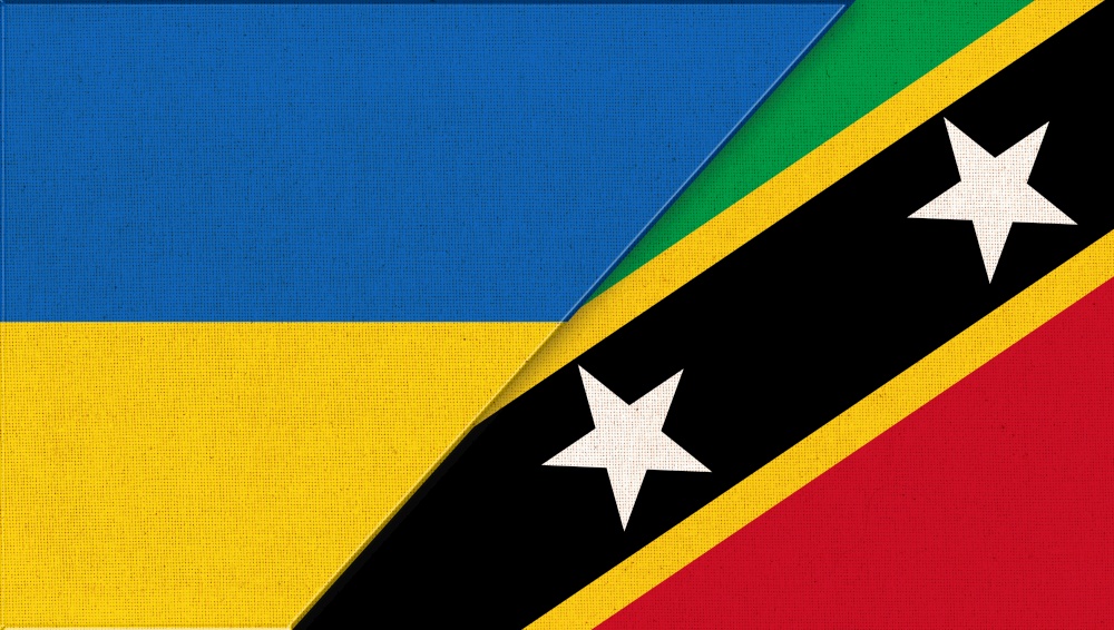 Flag of Ukraine and Saint Kitts and Nevis - 3D illustration. Two Flag Together. National Symbols of Ukraine and Saint Kitts and Nevis. Meeting between Ukraine and Saint Kitts and Nevis. Flag of Ukraine and Saint Kitts and Nevis-3D illustration. Two Flag Together