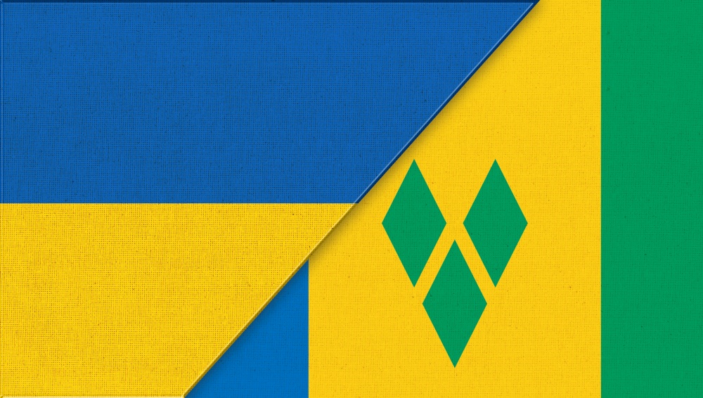 Flag of Ukraine and Saint Vincent and Grenadines. Two Flag Together. National Symbols of Ukraine and Saint Vincent and Grenadines. Meeting between Ukraine and Saint Vincent and Grenadines. Flag of Ukraine and Saint Vincent and Grenadines-3D illustration