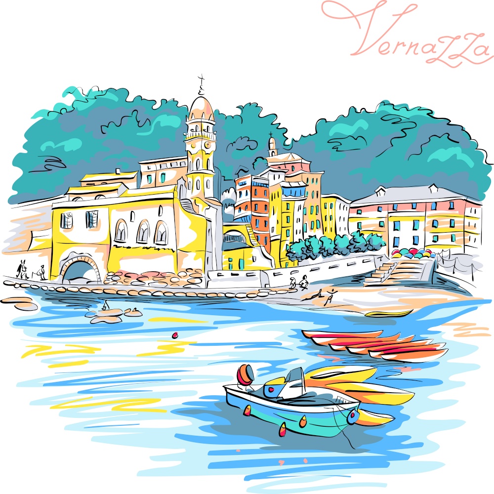 Vector hand drawing of colorful houses, boats and church in Vernazza fishing village in Five lands, Cinque Terre National Park, Liguria, Italy.. Colorful houses in Vernazza, Ligury, Italy