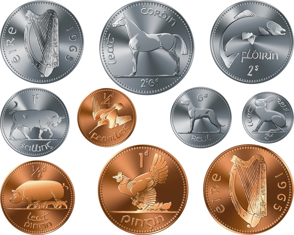 Vector set of Irish money Pre-decimal gold and silver coins Penny. Set of Irish money Pre-decimal coin Penny