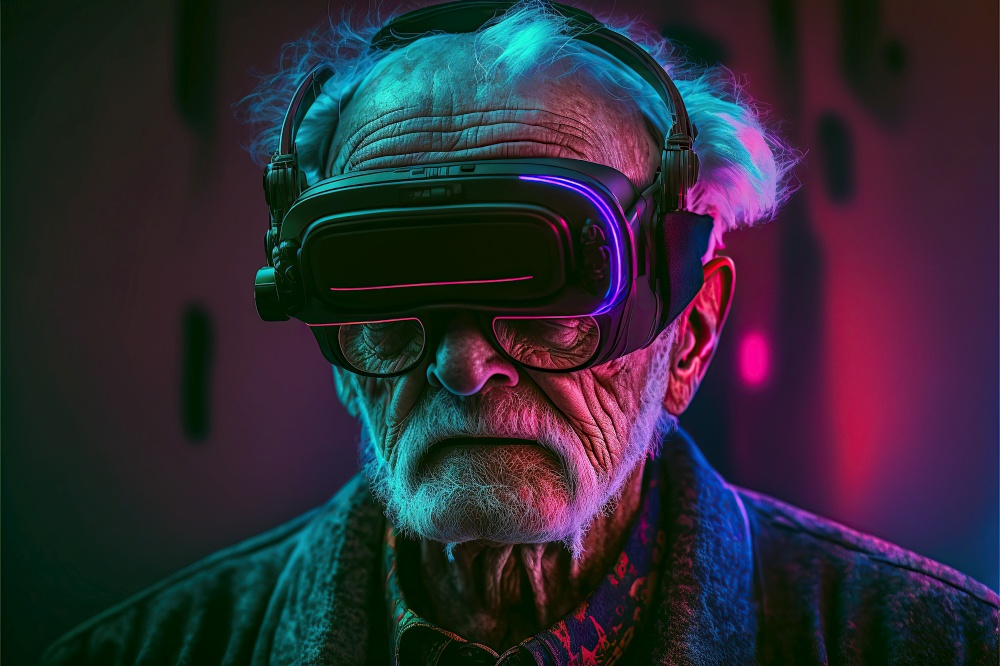 Concept art of a futuristic old man connected to the metaverse, oculus, glasses, living in virtual digital reality cyberspace, mental images gadget .Ai generated