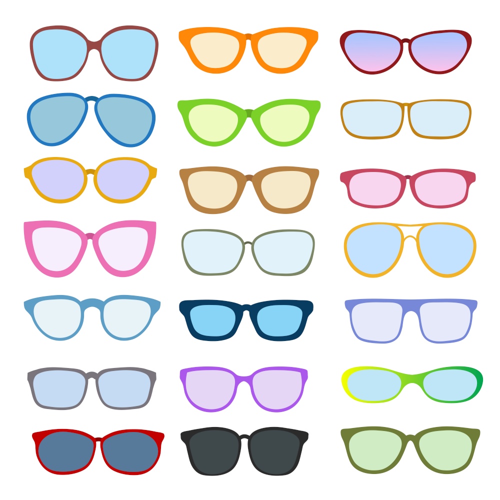 Big set of color sun glasses icon shape for design element on white, stock vector illustration