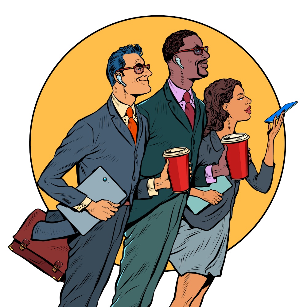 multiethnic group of businessmen and businesswomen with morning coffee, heroic pose. Business team. Pop art retro vector illustration kitsch vintage 50s 60s style. multiethnic group of businessmen and businesswomen with morning coffee, heroic pose. Business team