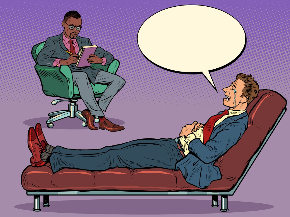A black male psychotherapist at a psychotherapy session with a patient, listens to a businessman, sits in a chair and makes notes in a notebook. Pop art retro vector illustration 50s 60s vintage kitsch style. A black male psychotherapist is in a psychotherapy session with a patient, listening to a businessman, sitting in a chair and making notes in a notebook