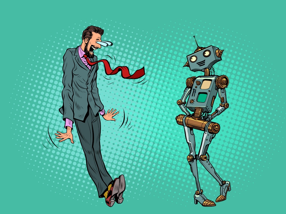 male businessman in a cartoon shock pose, looking at a female robot. Pop Art Retro Vector Illustration Kitf Vintage 50s 60s Style. male businessman in a cartoon shock pose, looking at a female robot