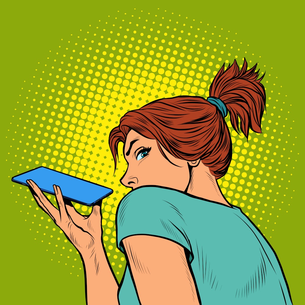 a woman is talking on a smartphone on a speakerphone, holding the phone horizontally. Pop art retro vector illustration kitsch vintage 50s 60s style. a woman is talking on a smartphone on a speakerphone, holding the phone horizontally