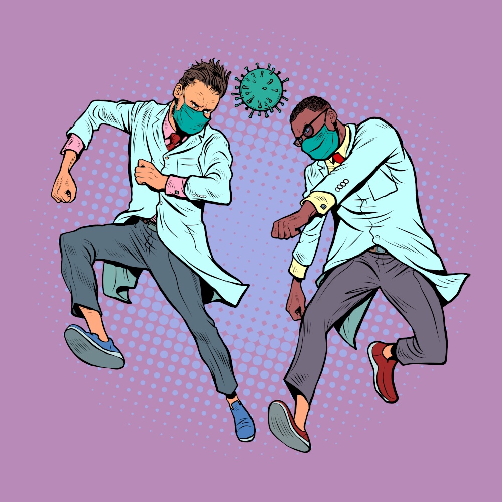 Doctors are playing coronavirus like a ball, sports football rivalry, fight for victory. Pop art Retro vector illustration 50e 60 style. Doctors are playing coronavirus like a ball, sports football rivalry, fight for victory