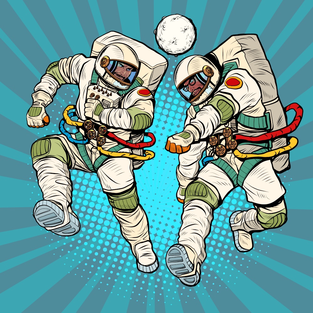 Astronauts play the planet like a ball, sports football rivalry, fight for victory. Pop art Retro vector illustration 50e 60 style. Astronauts play the planet like a ball, sports football rivalry, fight for victory
