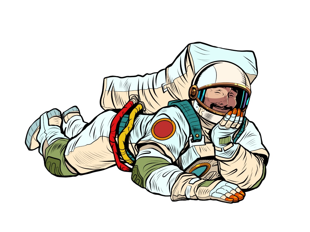 The joyful astronaut is lying down. Relaxed funny pose. Peace and relaxation. Pop art Retro vector illustration 50e 60 style. The joyful astronaut is lying down. Relaxed funny pose. Peace and relaxation