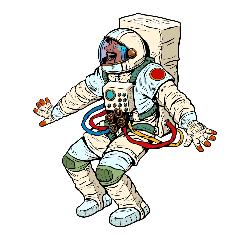 A joyful surprised astronaut, Human positive emotions. Funny pose. Pop art Retro vector illustration 50e 60 style. A joyful surprised astronaut, Human positive emotions. Funny pose