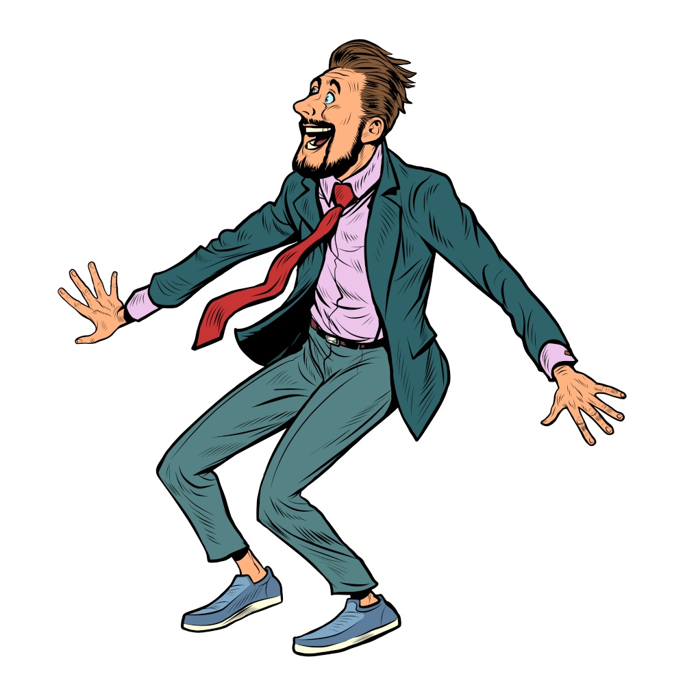 A joyful surprised businessman. Human positive emotions. Funny pose. Pop art Retro vector illustration 50e 60 style. A joyful surprised businessman. Human positive emotions. Funny pose