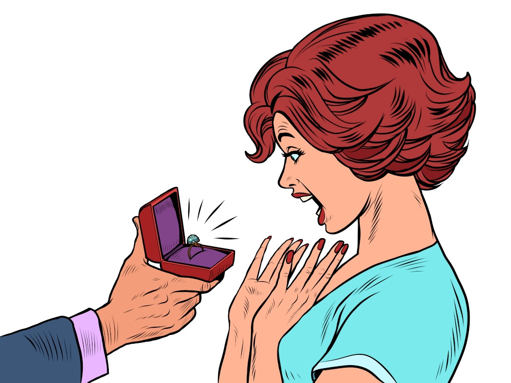 A man gives a woman an engagement ring, Joyful girl. Pop art Retro vector illustration 50e 60 style. A man gives a woman an engagement ring, Joyful girl