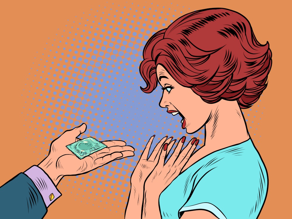 A man gives a woman a condom. Sexual intimacy. Date Pop art Retro vector illustration 50e 60 style. A man gives a woman a condom. Sexual intimacy. Date