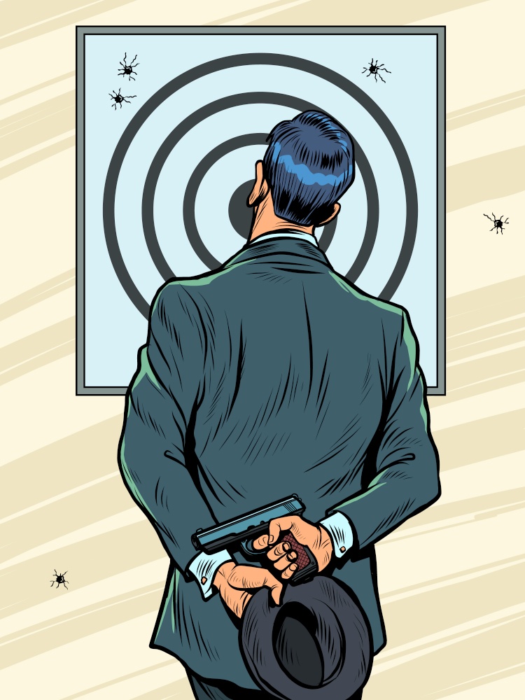 a man in a suit in a shooting gallery with a pistol, examines the target, the result of shooting. Pop art retro vector illustration 50s 60 vintage kitsch style. a man in a suit in a shooting gallery with a pistol, examines the target, the result of shooting