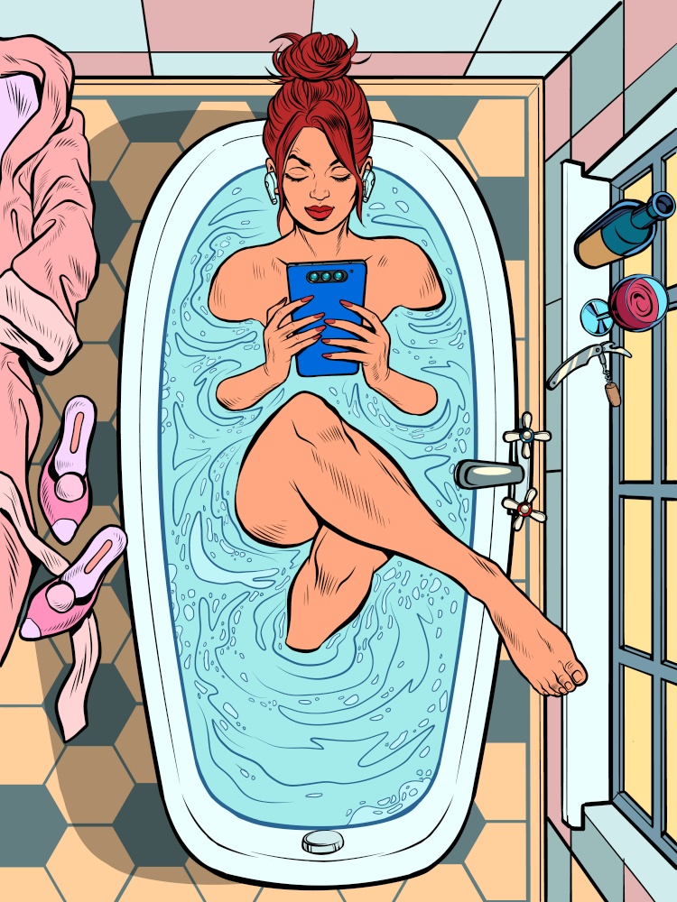 A beautiful woman in a filled bathroom. Sexy girl is reading a smartphone. Top view Pop art retro vector illustration 50s 60 vintage kitsch style. A beautiful woman in a filled bathroom. Sexy girl is reading a smartphone. Top view
