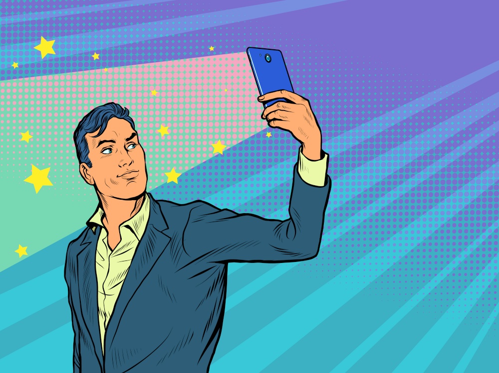 Male businessman selfie video. The light from the screen illuminates the face. Taking photos or online streaming. Pop art retro vector illustration 50s 60 vintage kitsch style. Male businessman selfie video. The light from the screen illuminates the face. Taking photos or online streaming