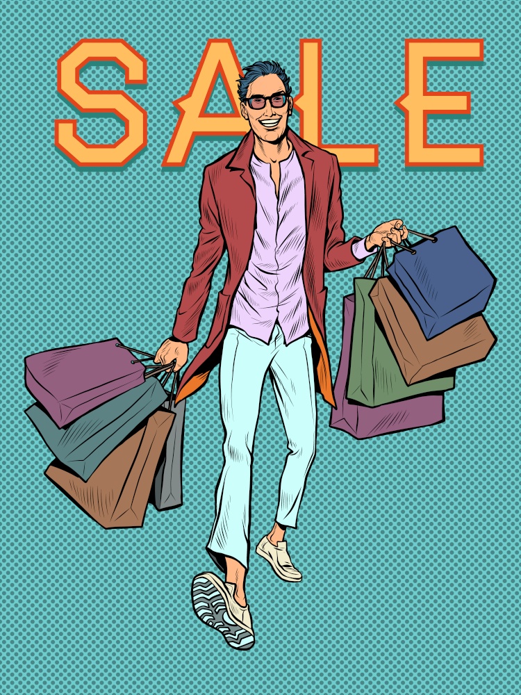sales and discounts on holidays A man with shopping bags. sales in stores. The shopaholic bought a lot of goods. Pop art retro vector illustration 50s 60 vintage kitsch style. sales and discounts on holidays A man with shopping bags. sales in stores. The shopaholic bought a lot of goods