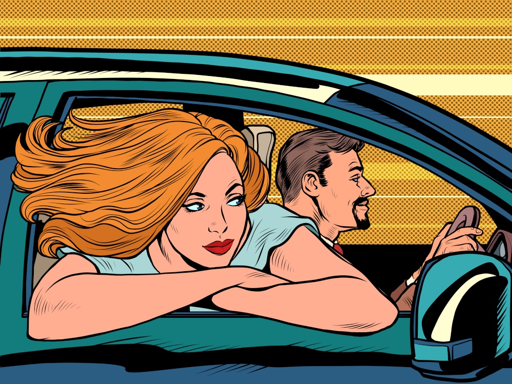 a woman looks out of a car window, her hair fluttering in the wind. husband driving. Pop art retro vector illustration 50s 60 vintage kitsch style. a woman looks out of a car window, her hair fluttering in the wind. husband driving