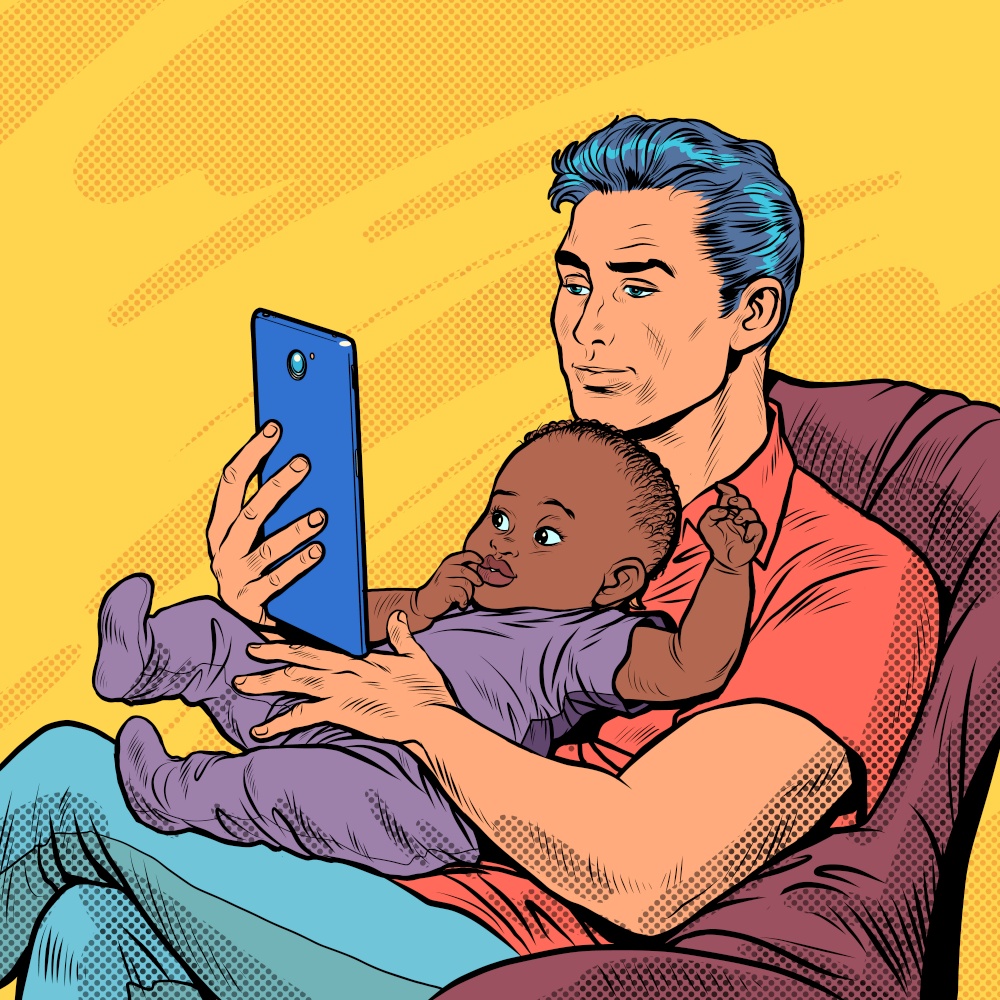 white man with black baby, a father and a child. multiethnic family. Homework, love and care. Pop art retro vector illustration 50s 60 vintage kitsch style. white man with black baby, a father and a child. multiethnic family. Homework, love and care