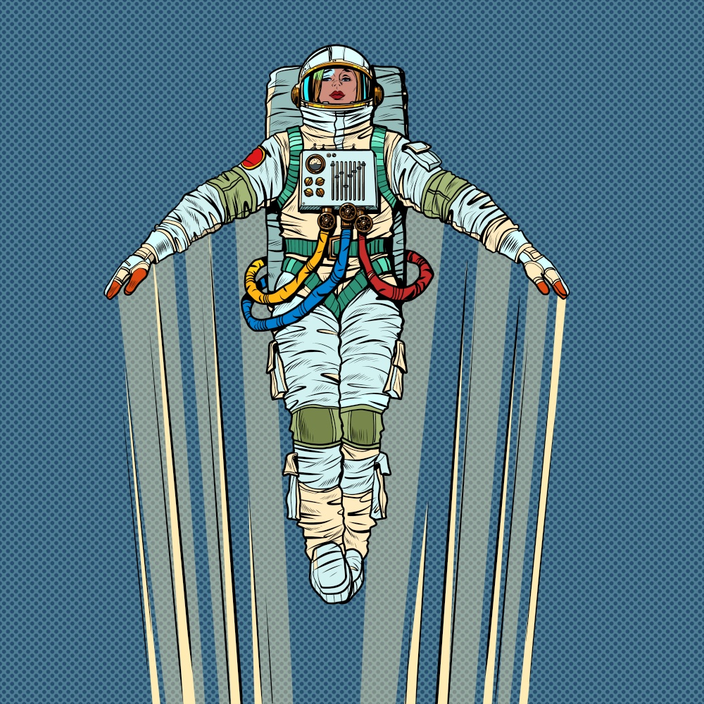 A female astronaut is flying upwards at high speed, like a rocket or an airplane. She opened her hands, followed by a reversible trail. Science and Astronautics. Pop art retro vector illustration 50s 60 vintage kitsch style. A female astronaut is flying upwards at high speed, like a rocket or an airplane. She opened her hands, followed by a reversible trail. Science and Astronautics