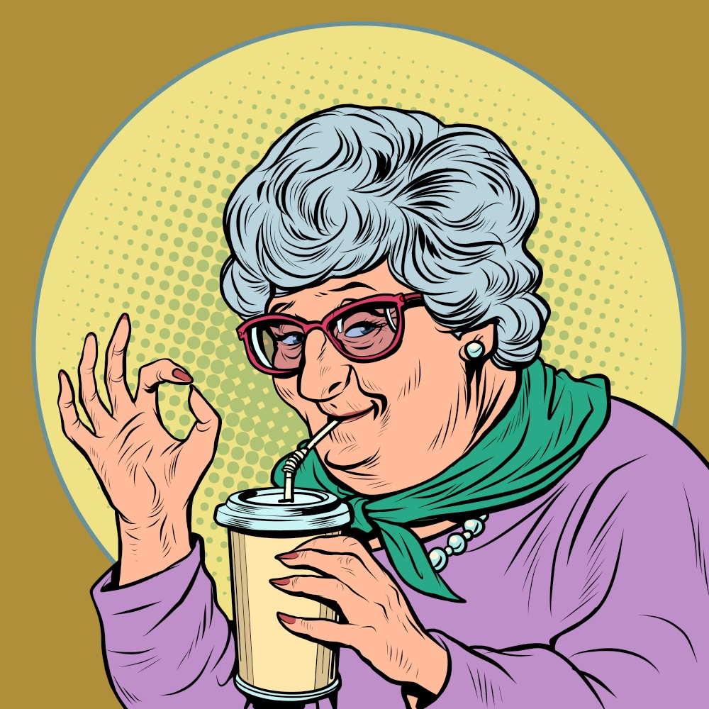 elderly woman granny drinks a coke drink, ok gesture. Pop art retro vector illustration kitsch vintage 50s 60s style. elderly woman granny drinks a coke drink, ok gesture