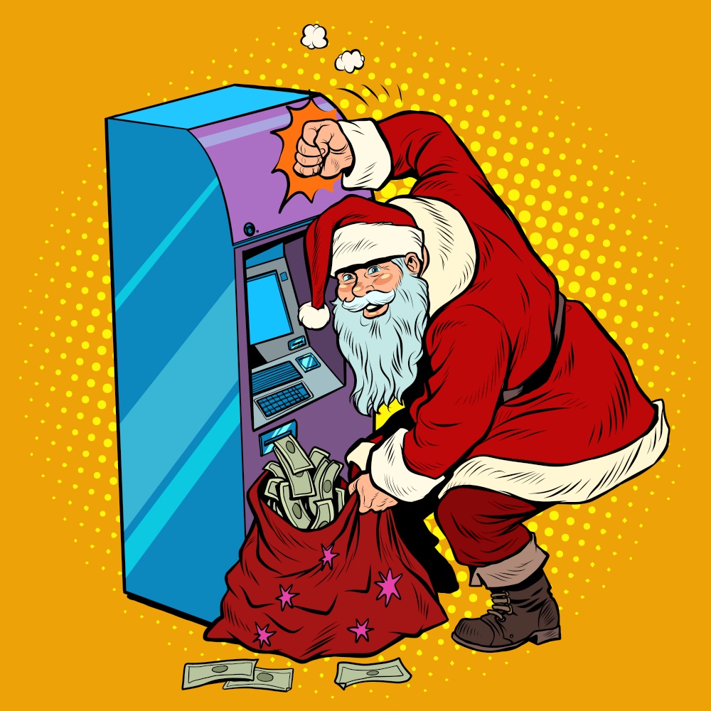 ATM pours out money, Santa Claus gets a Christmas holiday bonus. Pop Art Retro Vector Illustration Kitsch Vintage 50s 60s Style. ATM pours out money, Santa Claus gets a Christmas holiday bonus