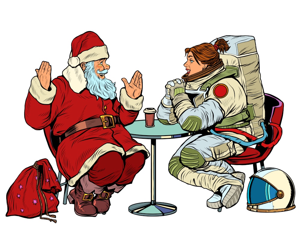 Santa Claus is on a date with a female astronaut. Restaurant or cafe. Christmas holidays. Pop Art Retro Vector Illustration Kitsch Vintage 50s 60s Style. Santa Claus is on a date with a female astronaut. Restaurant or cafe. Christmas holidays