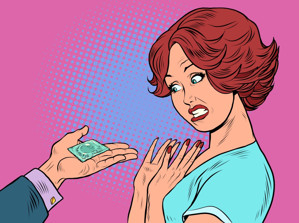 An obscene proposal for sex. A man gives a woman a condom. Sexual intimacy. Date Pop art Retro vector illustration 50e 60 style. An obscene proposal for sex. A man gives a woman a condom. Sexual intimacy. Date